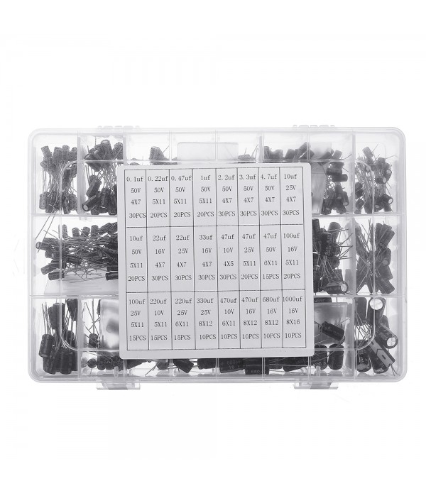 550pcs 24 Values 16V/25V/35/50V (0.1uF To 2200uF) Mix Electrolytic Capacitor Assorted Kit