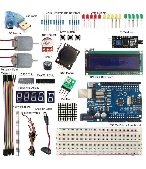 UNO R3 Starter Kit 1602 LCD L293D Motor LED Matrix MB102 Breadboard