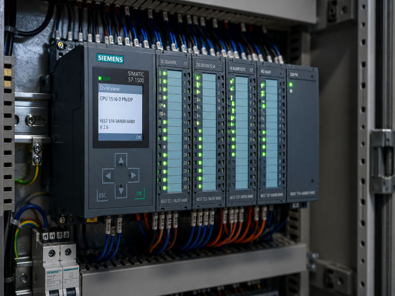 Inside view of a PLC rack showing industrial control modules, power supply, and input/output cards