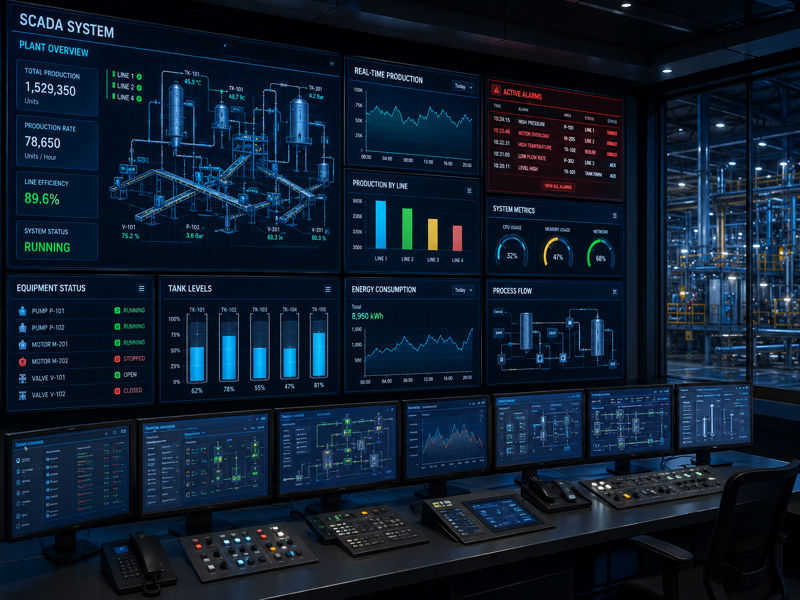 SCADA monitoring screens for industrial automation control systems