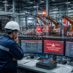 Industrial factory scene showing a major automation fault and production shutdown