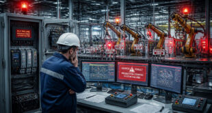 Industrial factory scene showing a major automation fault and production shutdown
