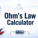 Ohm's Law Calculator with digital multimeter, resistor, test probes, and electrical circuit