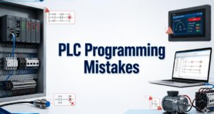 PLC Programming Mistakes shown with ladder logic, PLC modules, and warning indicators