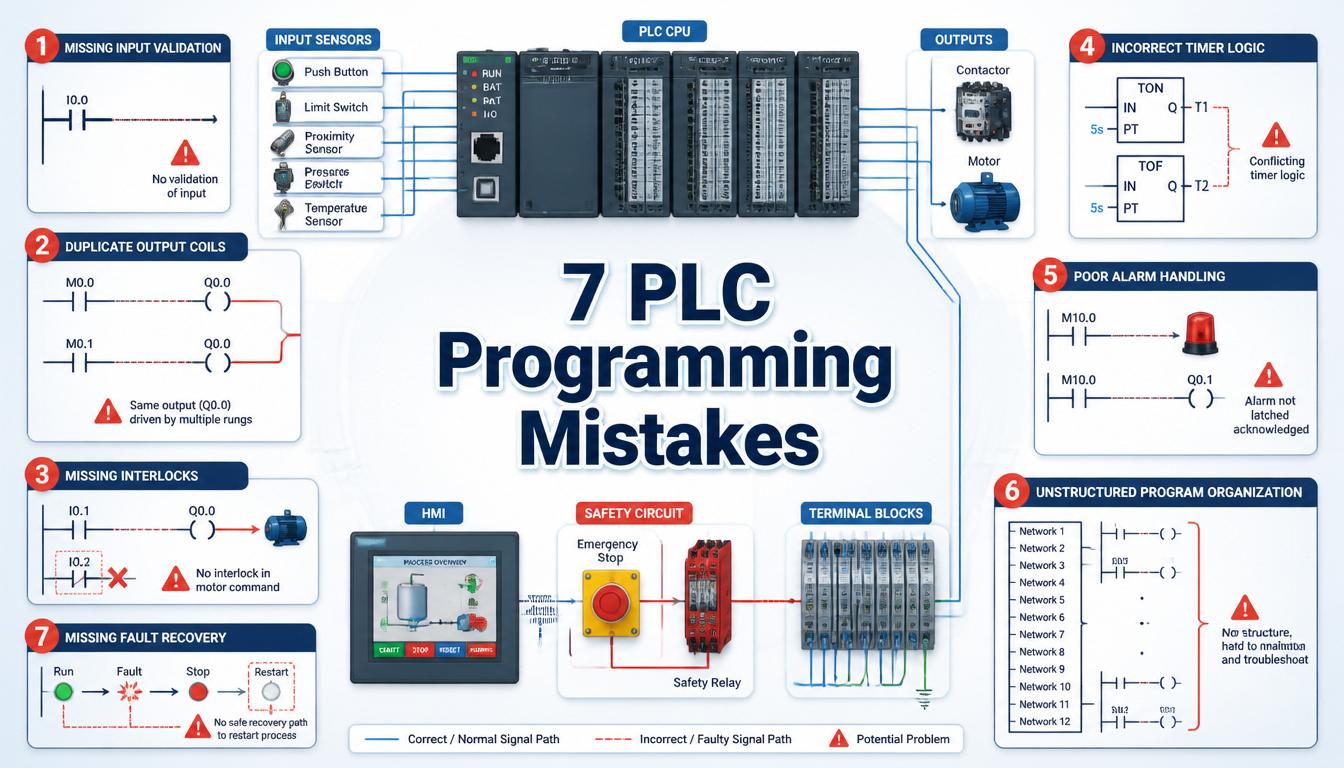 PLC Programming Mistakes infographic showing seven ladder logic and control errors