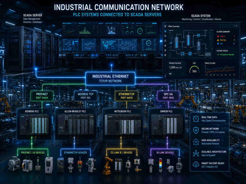 PLC system communicating with SCADA server in industrial automation network