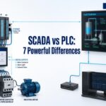 SCADA vs PLC comparison showing supervisory software and an industrial PLC control system