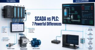 SCADA vs PLC comparison showing supervisory software and an industrial PLC control system