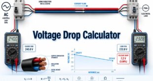Voltage Drop Calculator showing source voltage, cable run, multimeters, and electrical load