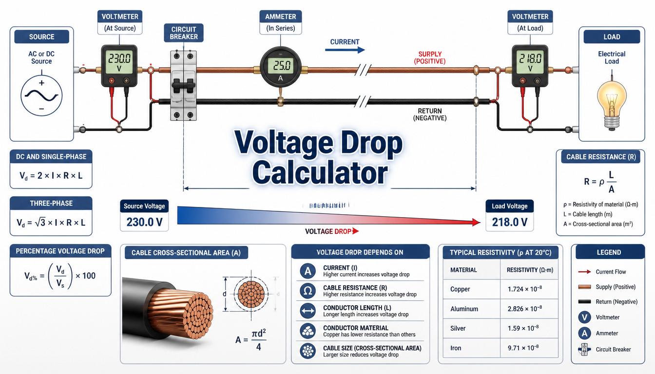 Voltage Drop Calculator infographic showing cable length, current, formulas, and load voltage