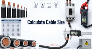 Cable Size Calculator concept with copper cables, conductor cross-sections, and measuring instruments