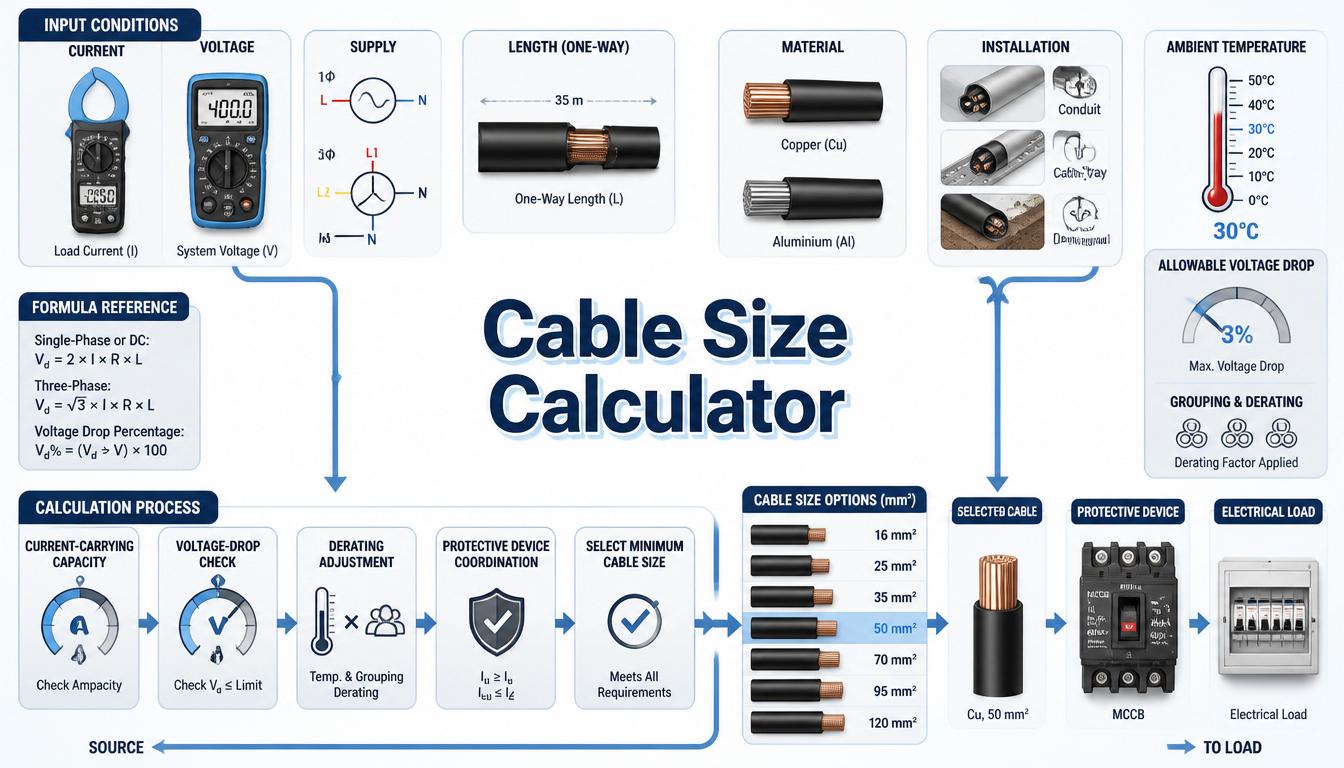 Cable Size Calculator infographic showing load, cable length, voltage drop, and conductor selection