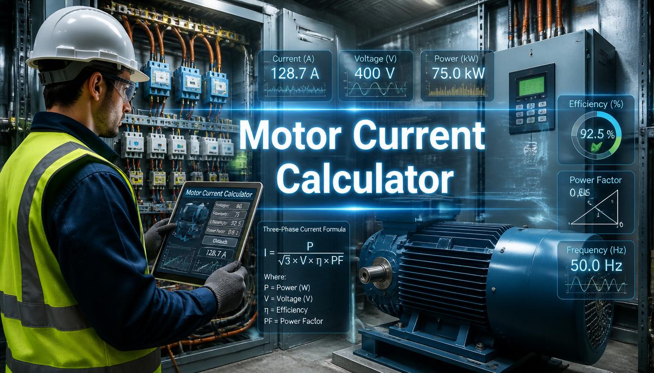 Electrical engineer calculating motor current using an industrial motor current calculator near an electrical control panel.