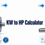 KW to HP Calculator with an industrial motor, power meter, and conversion display