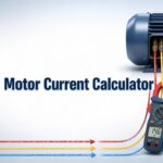 Motor Current Calculator with an induction motor, clamp meter, contactor, and overload relay