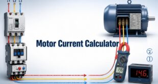 Motor Current Calculator with an induction motor, clamp meter, contactor, and overload relay