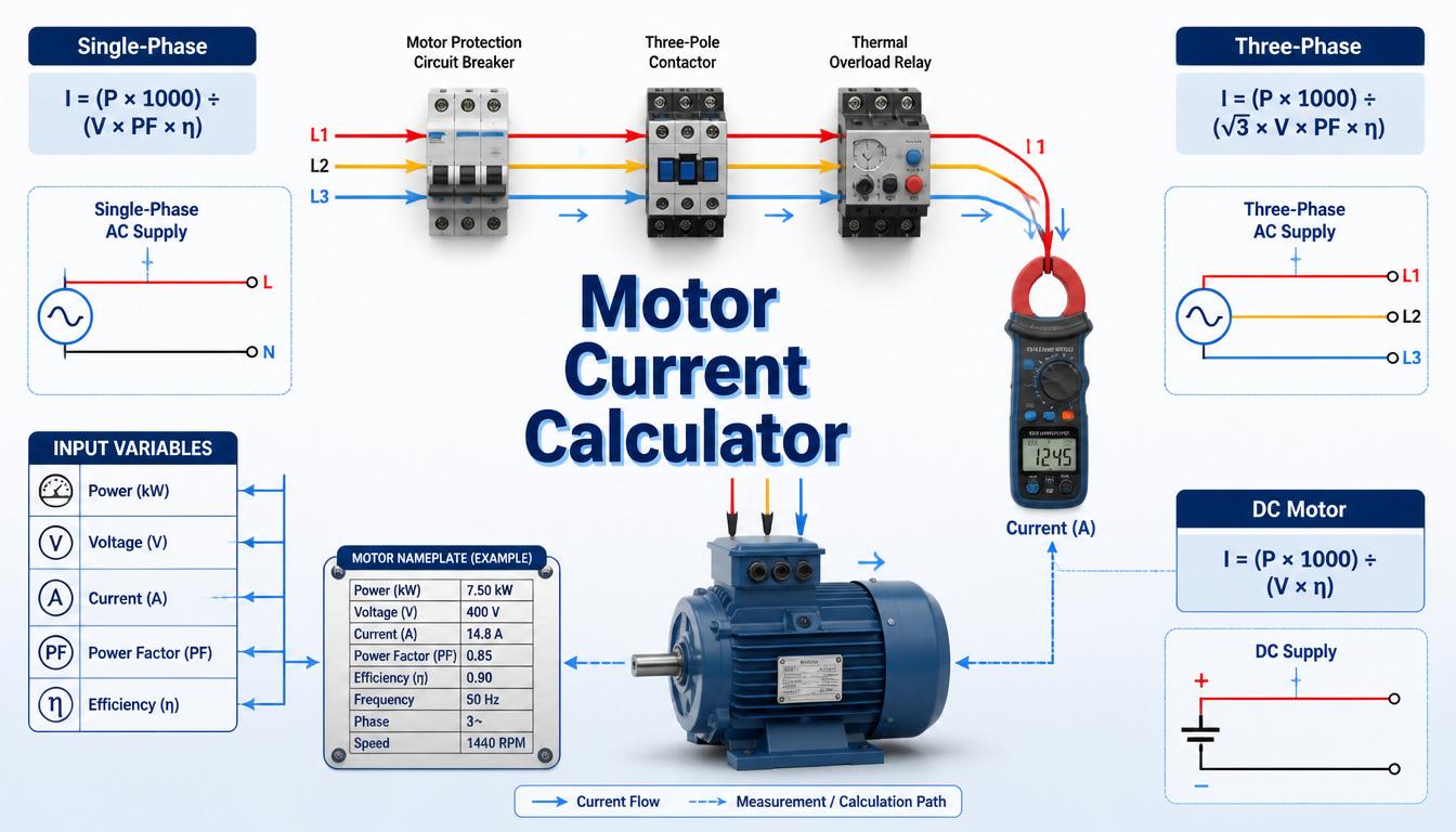 Motor Current Calculator infographic with single-phase, three-phase, and DC motor formulas