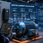 Motor current calculator showing a three-phase industrial electric motor with digital current calculation, electrical formulas, and engineering measurements.
