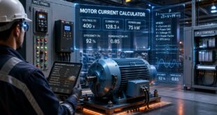 Motor current calculator showing a three-phase industrial electric motor with digital current calculation, electrical formulas, and engineering measurements.