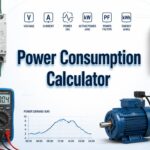 Power Consumption Calculator with an energy meter, clamp meter, motor, and electrical loads