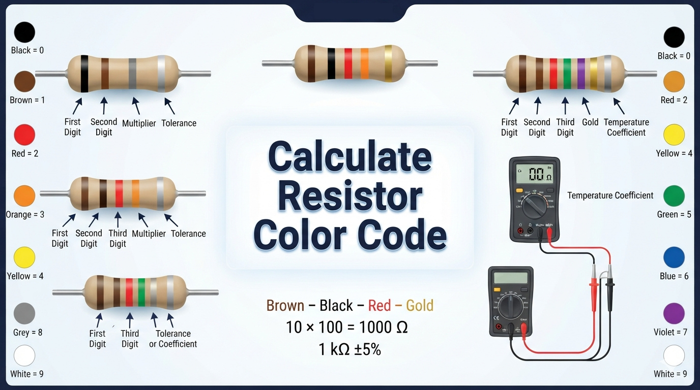 Resistor Color Code Calculator guide showing resistor bands, multiplier, tolerance, and resistance value