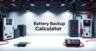 Battery Backup Calculator with a battery bank, inverter, power meter, and connected load