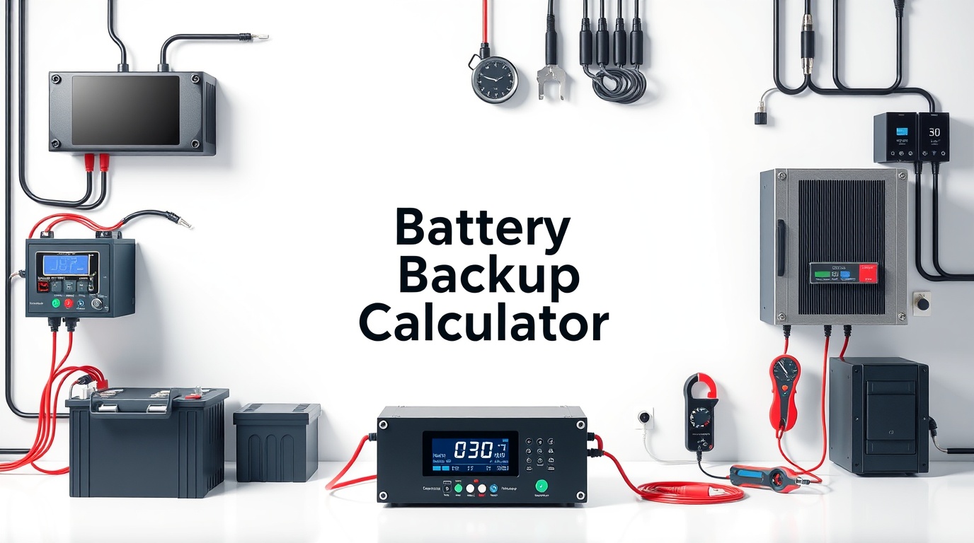 Battery Backup Calculator infographic showing battery capacity, load, efficiency, and runtime formulas