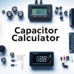 Capacitor Calculator with electronic capacitors, an LCR meter, and circuit symbols