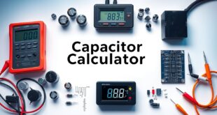 Capacitor Calculator with electronic capacitors, an LCR meter, and circuit symbols