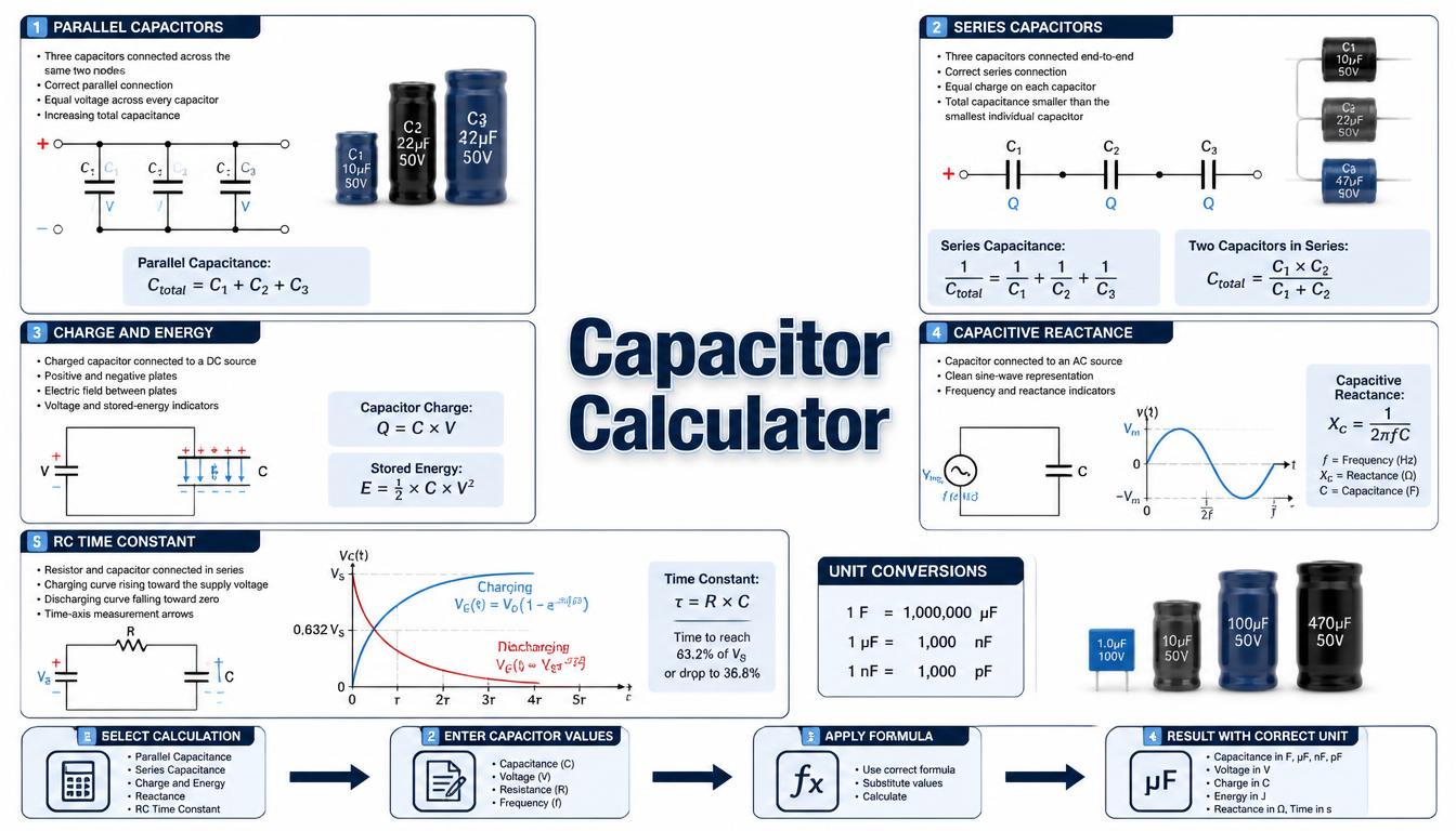 Capacitor Calculator infographic showing series, parallel, charge, energy, reactance, and RC formulas