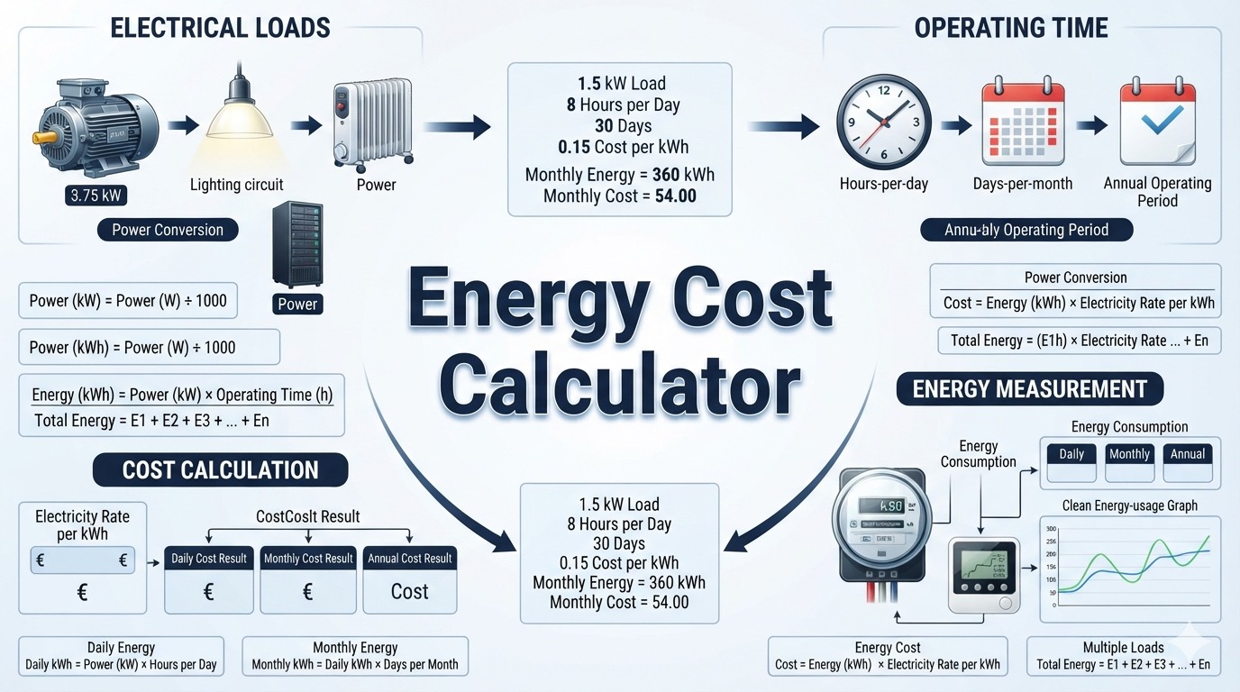 Energy Cost Calculator with an electricity meter, connected loads, usage graph, and cost indicators