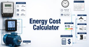 Energy Cost Calculator with an electricity meter, connected loads, usage graph, and cost indicators