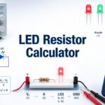 LED Resistor Calculator with an LED, current-limiting resistor, multimeter, and DC supply