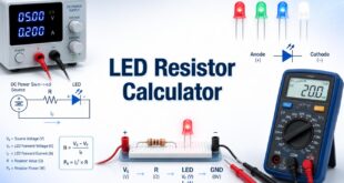 LED Resistor Calculator with an LED, current-limiting resistor, multimeter, and DC supply