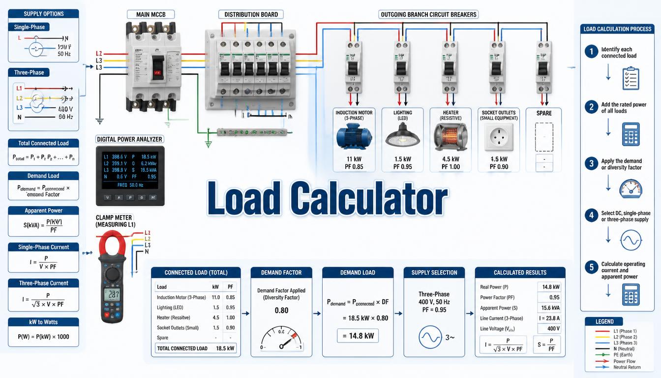 Load Calculator infographic showing connected load, demand factor, current, kilowatts, and kVA