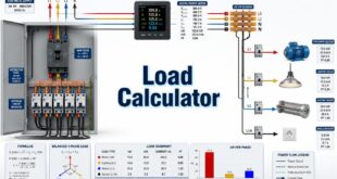 Load Calculator with a distribution panel, power meter, motor, lighting, and electrical loads