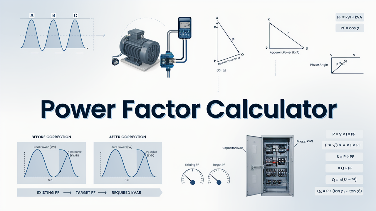 Power Factor Calculator infographic showing power triangle, phase angle, motor, and capacitor correction