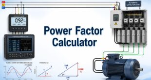 Power Factor Calculator with an induction motor, power meter, capacitor bank, and power triangle