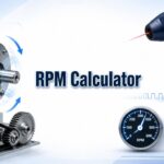 RPM Calculator with an industrial motor, rotating shaft, encoder, and digital tachometer
