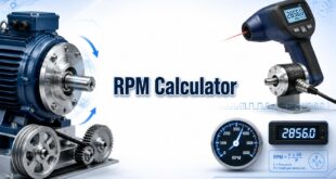 RPM Calculator with an industrial motor, rotating shaft, encoder, and digital tachometer