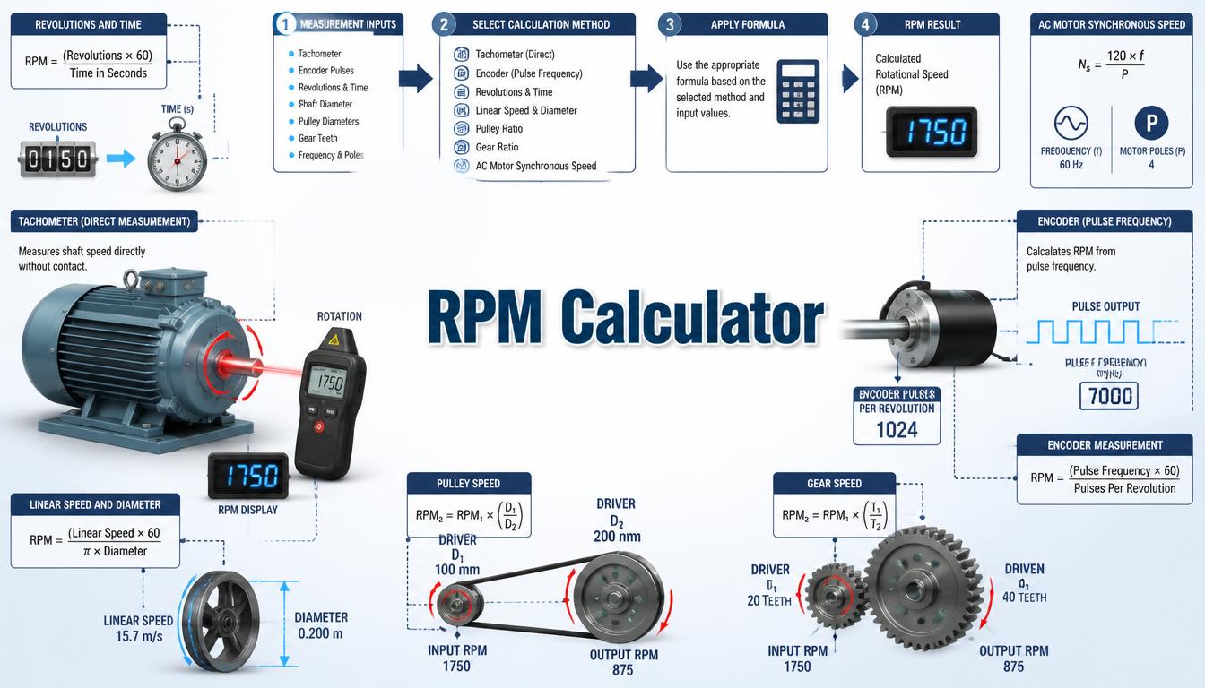 RPM Calculator infographic with motor, tachometer, encoder, pulley, gear, and speed formulas