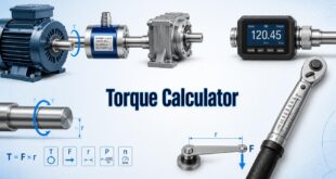 Torque Calculator with an industrial motor, shaft, torque sensor, and force diagram