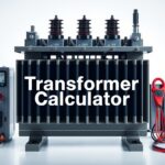 Transformer Calculator with primary and secondary windings, voltage meters, and current measurements