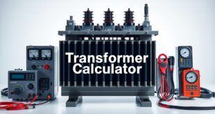 Transformer Calculator with primary and secondary windings, voltage meters, and current measurements