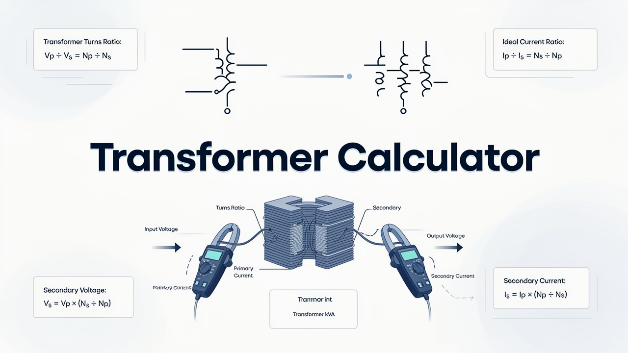 Transformer Calculator infographic showing voltage ratio, winding turns, current, and kVA formulas