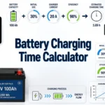 Battery Charging Time Calculator with rechargeable battery, regulated charger, current meter, and charging progress