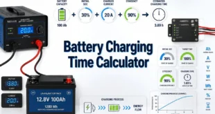 Battery Charging Time Calculator with rechargeable battery, regulated charger, current meter, and charging progress