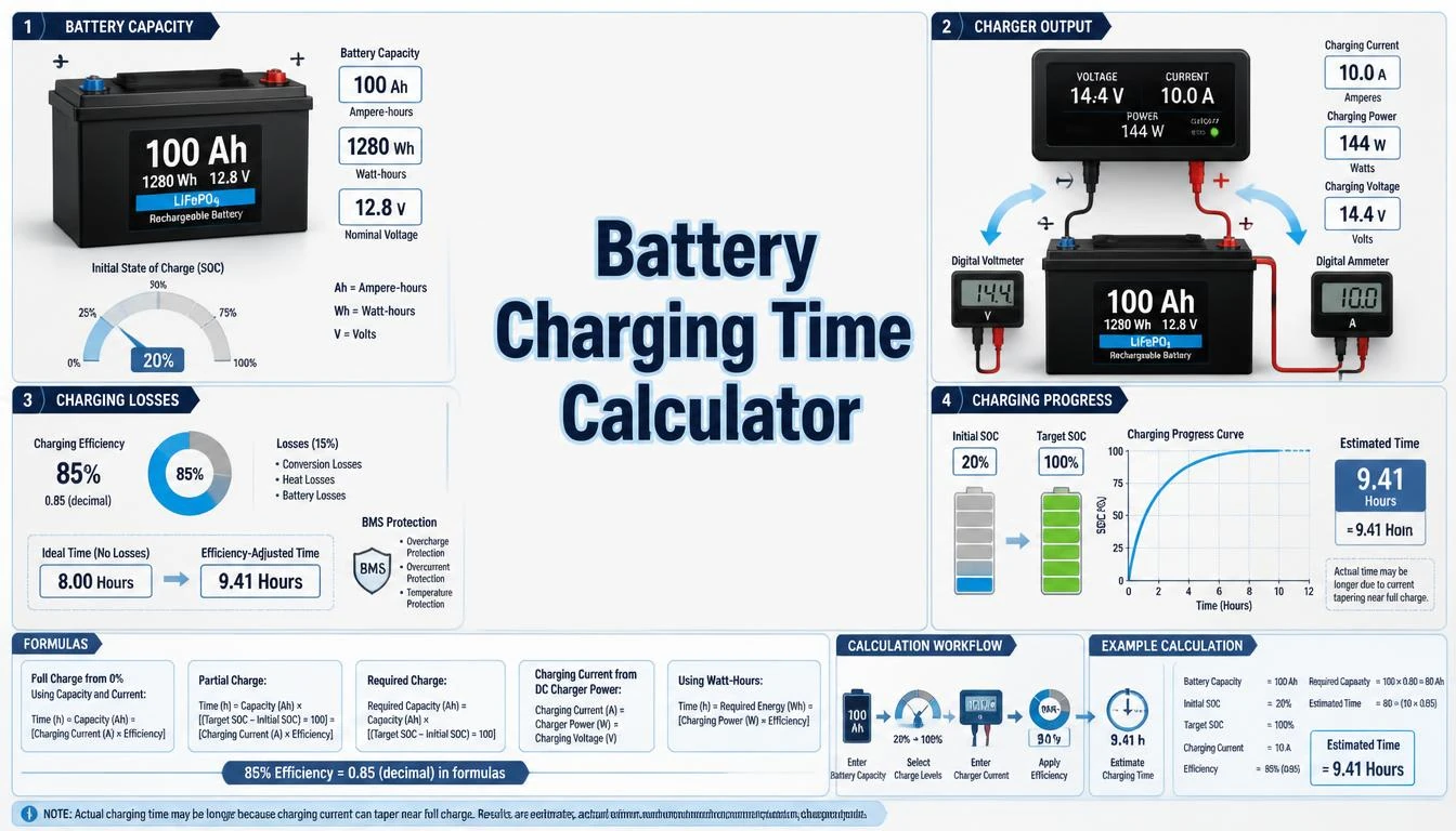 Battery Charging Time Calculator infographic showing capacity, charger current, efficiency, state of charge, and time formulas