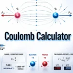 Coulomb Calculator infographic showing charge, electron count, Coulomb’s law, force direction, and unit conversions
