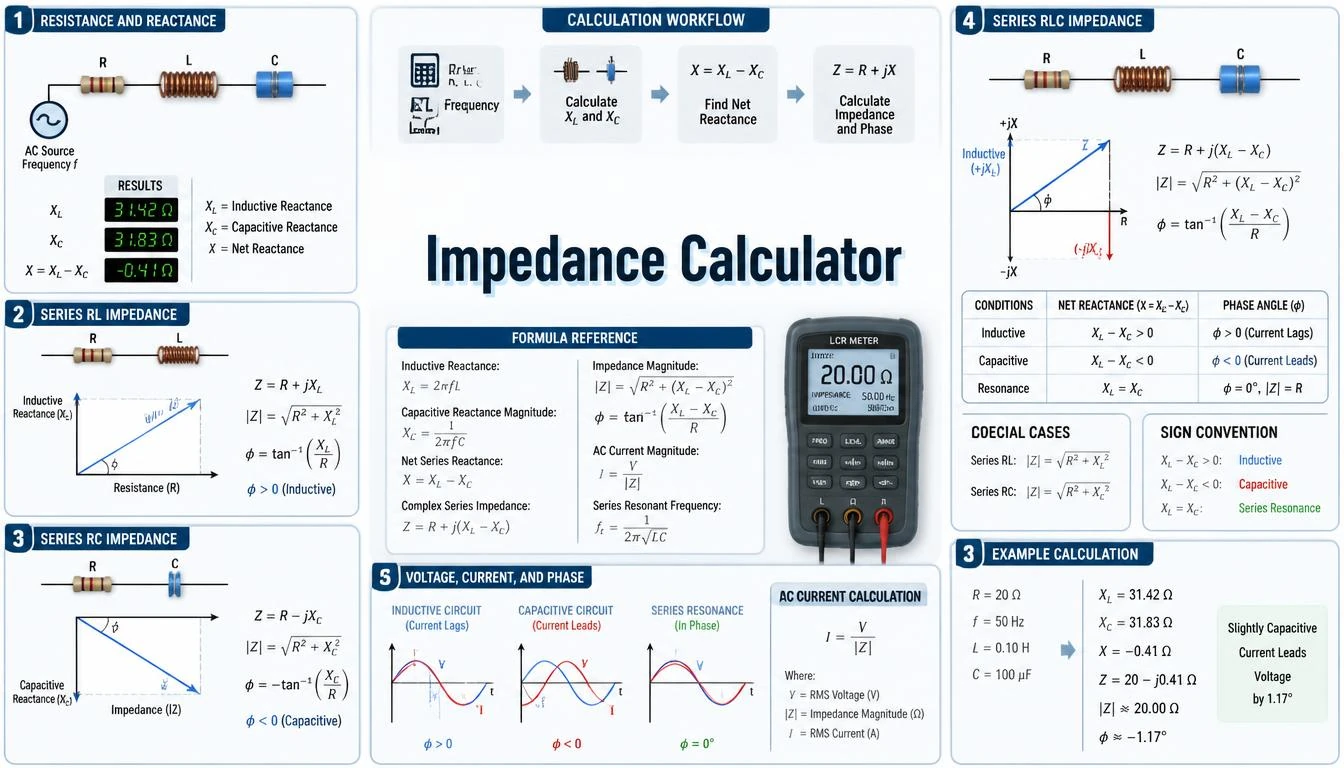 Impedance Calculator infographic showing RLC impedance, reactance, magnitude, phase angle, and current formulas